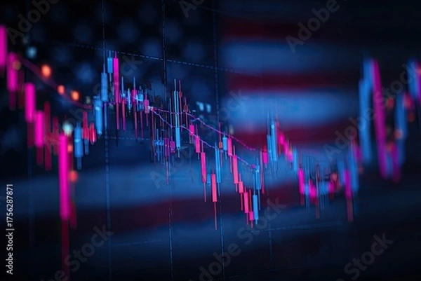 Fototapeta Charting financial data using candlesticks over a blurred American flag background
