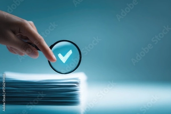 Fototapeta Hand holding magnifying glass over glowing checkmark, atop a stack of paper