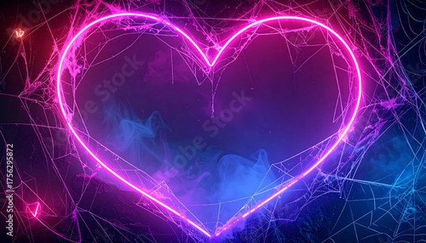 Obraz Neon heart pink neon glowing heart smoke cobweb web purple glow blue smoke