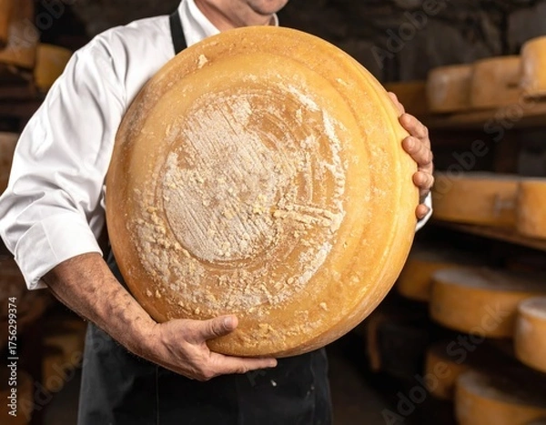 Fototapeta Artisan’s Holding: A weathered artisan tenderly cradles a sizable round of aged cheese, exuding a rustic charm, while a backdrop of more cheese wheels promises a taste of tradition and heritage.