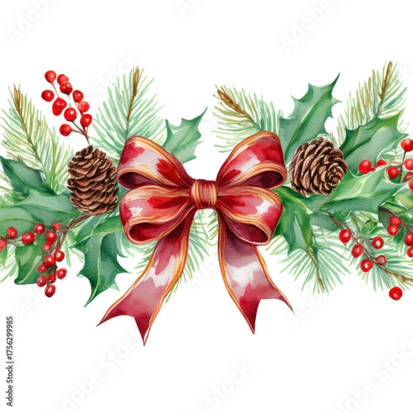 Fototapeta Watercolor drawing of a composition of fir branches, pine cones, holly, and red berries in a line, with a red Christmas ribbon, on a white background. Ideal illustration for seasonal artwork.