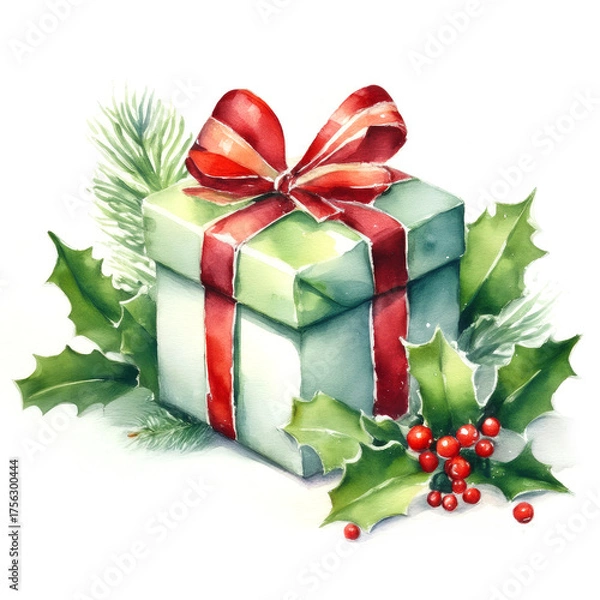 Fototapeta Watercolor painting of a green Christmas gift with a red ribbon on a white background, with holly and red berries. Perfect for holiday cards, xmas decor and seasonal artwork.