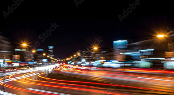 Obraz Long exposure photograph of city street at night with vibrant light trails from moving vehicles and blurred buildings.