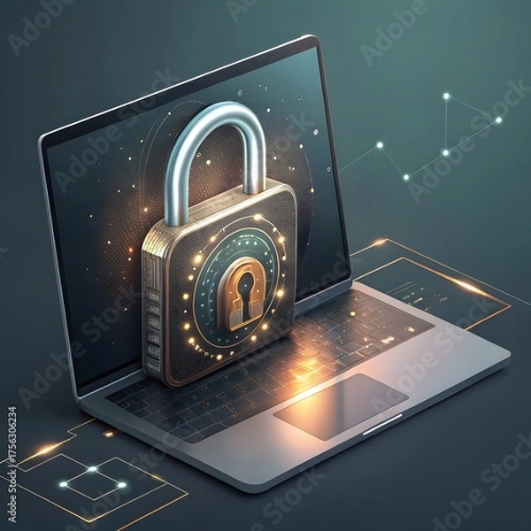 Fototapeta Laptop Security: Data Protection Padlock with Code Combinations, Digital Protection Concept for Personal Information, Secure Connection and Privacy