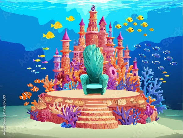 Obraz Magical underwater kingdom castle throne surrounded by colorful fish and coral reefs in ocean depths