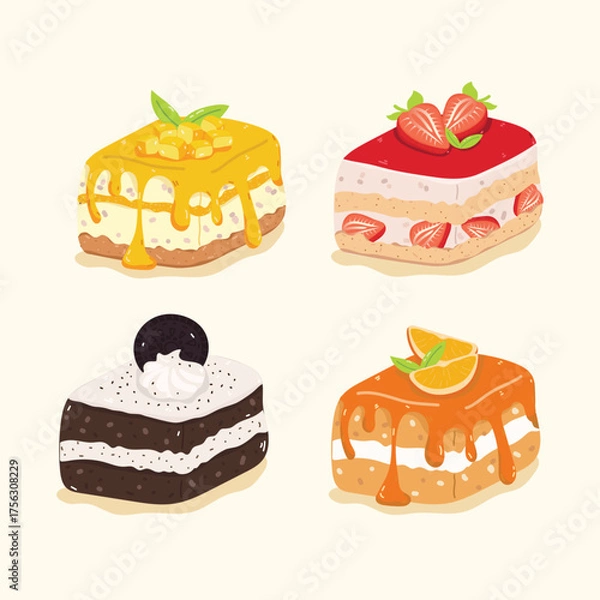 Fototapeta Cute Vector Set of Colorful Cakes and Cheesecakes
