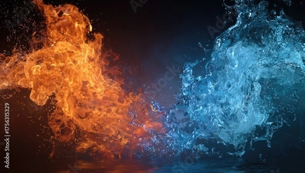 Obraz Dynamic split image showing a vibrant clash of fire and water elements, opposing & intertwined