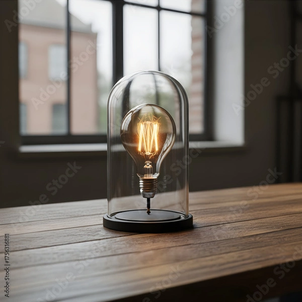 Obraz Creative concept of a glowing light bulb enclosed in a glass dome on a wooden table, symbol of innovation, inspiration, and sustainable energy