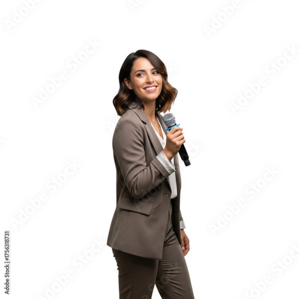 Fototapeta Woman speaker presenting at conference or seminar holding microphone professional look on transparent background