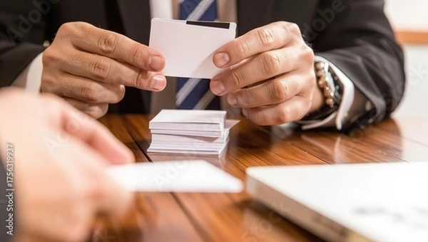 Fototapeta Businessmen exchanging business cards at a meeting.