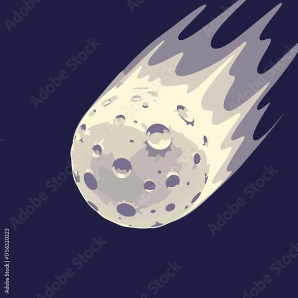 Fototapeta A detailed illustration of a cratered asteroid blazing through the dark expanse of space.