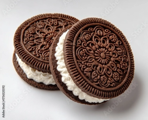 Obraz Close-up of two chocolate sandwich cookies with intricate embossed patterns and white cream filling
