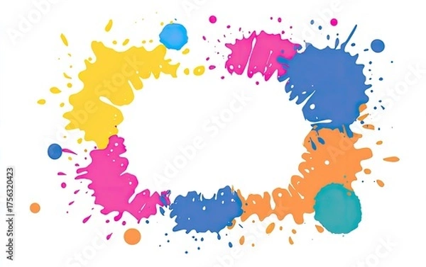 Obraz Colorful paint splatters frame a white space, ideal for text, on a clean white background
