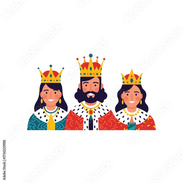 Fototapeta Three royalty figures wearing crowns and robes representing power and authority.