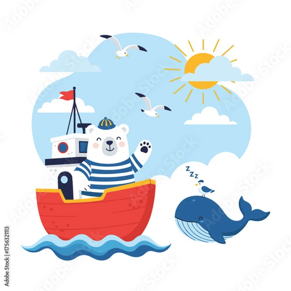 Obraz A cute bear captain waves from a boat near a friendly whale and seagulls under a sunny sky.
