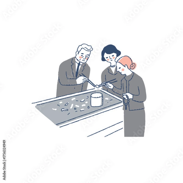 Fototapeta 火葬後に骨上げをしている遺族