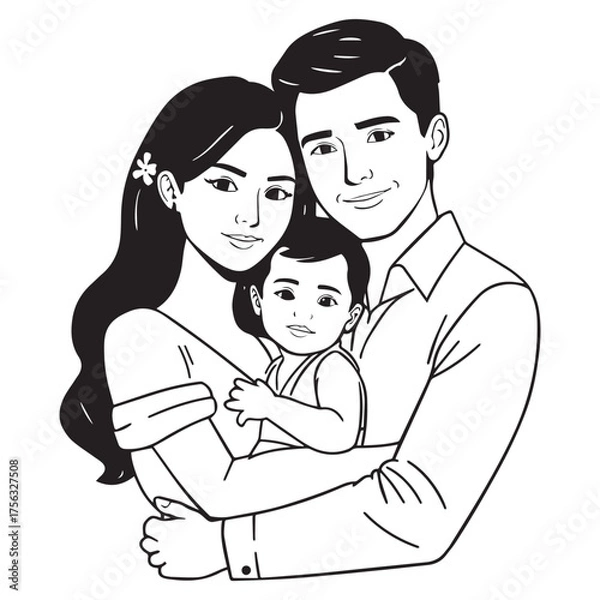 Fototapeta Happy young asian family portrait drawing with parents embracing their smiling baby son in a loving embrace