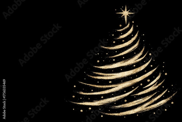 Obraz Golden Brush Christmas Tree on Black Background