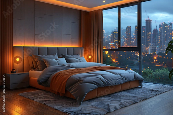 Fototapeta This trendy bedroom showcases a luxurious king bed adorned with soft, layered linens. The large windows reveal a beautiful cityscape, illuminated by evening lights, creating a cozy atmosphere