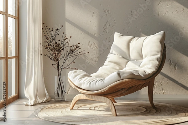 Fototapeta A contemporary lounge chair is placed beside a large window, creating a warm atmosphere. Soft sunlight highlights its unique design, enhancing the serene vibe of the space