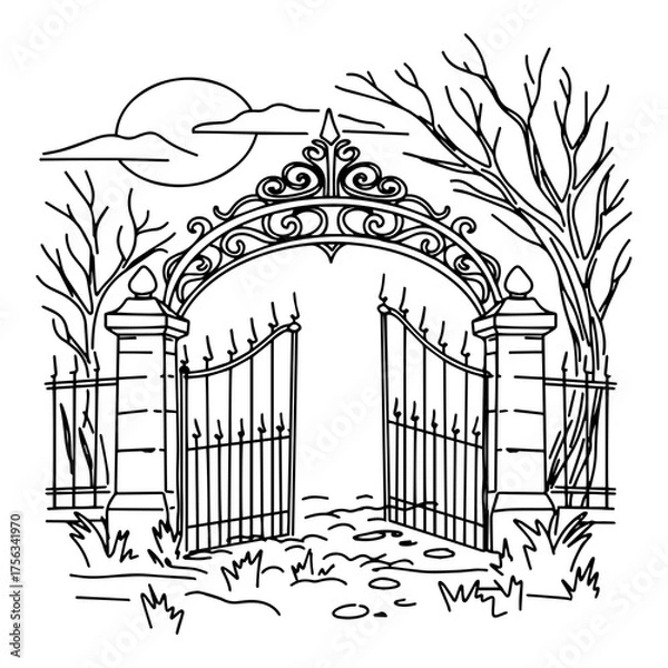 Fototapeta Mystical Gothic gate drawn by hand in line art style.