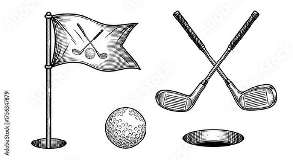 Fototapeta Engraved style golf essentials flag with clubs, textured ball, crossed irons, and putting green hole graphic