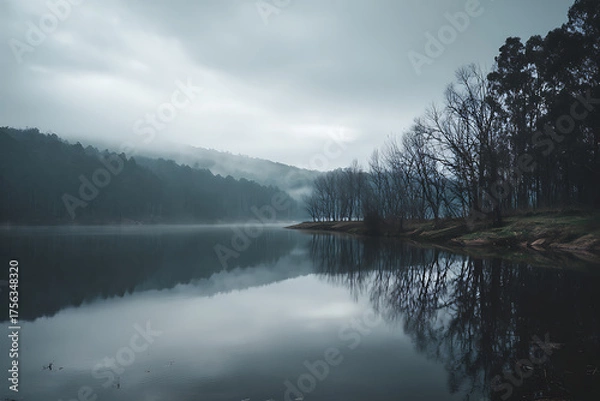 Fototapeta Misty morning lake reflects serene forest landscape with bare trees and calm water creating a tranquil, atmospheric scene for nature lovers