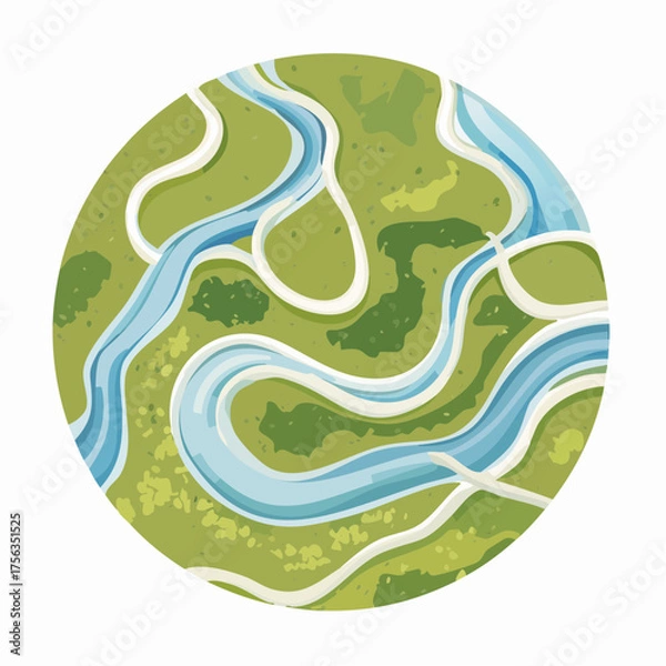 Fototapeta Topdown view of a winding river system in a green landscape.