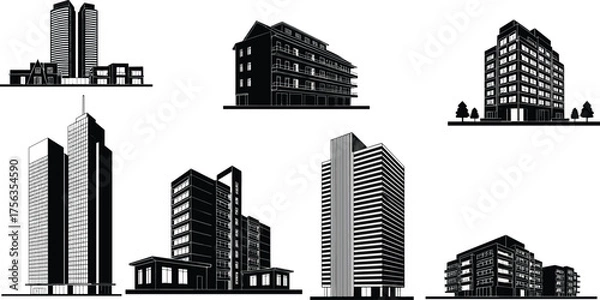 Obraz Modern city building silhouette collection, black vector illustration of urban architecture with skyscrapers, apartments, and office towers for design use