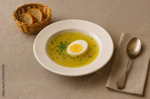 Fototapeta Chicken broth with boiled egg and herbs in elegant restaurant serving