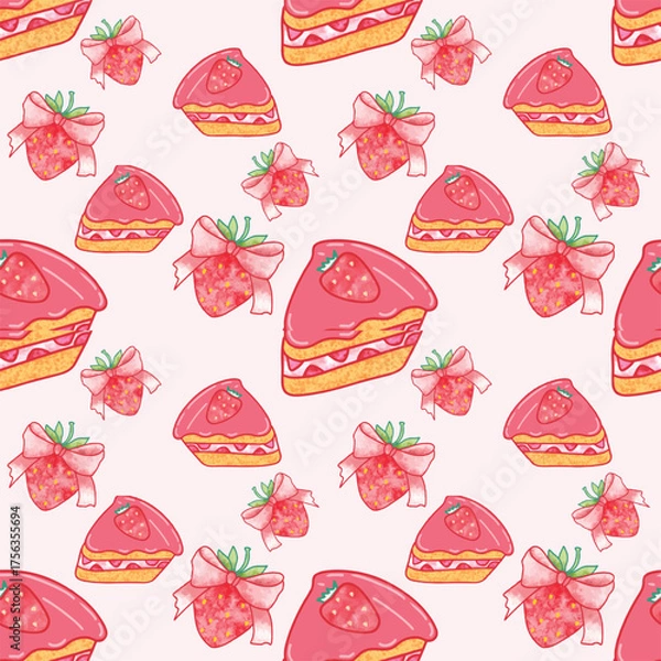 Fototapeta Colorful Hand drawn cake , Cute sweets pattern. Cartoon seamless vector print with kawaii sweet food. ector pastry seamless pattern with cakes, pies, tarts,cheesecake with chocolate and strawberry top