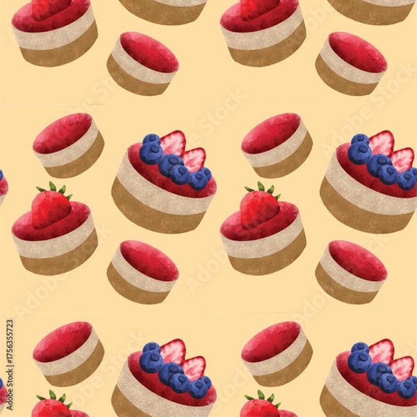 Fototapeta Colorful Hand drawn cake , Cute sweets pattern. Cartoon seamless vector print with kawaii sweet food. ector pastry seamless pattern with cakes, pies, tarts,cheesecake with chocolate and strawberry top