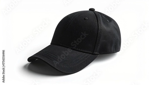 Obraz A close-up studio shot shows a plain black baseball cap angled slightly to the left
