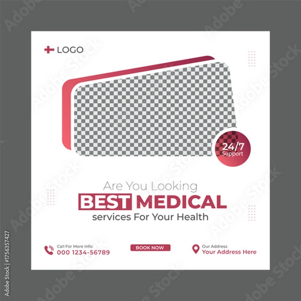 Fototapeta Medical services social media banner design. Healthcare promotion post layout for Clinics and Hospitals