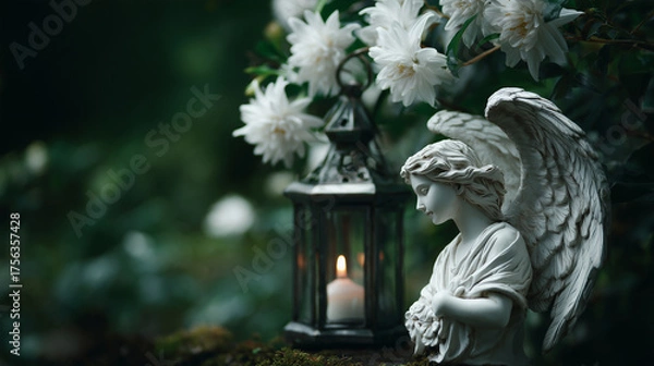 Fototapeta white angel statue with wings, background of white flowers and a burning candle in a metal lantern, captured in a macro shot with a dark green blurred background. All saints’ day, all souls’ day.