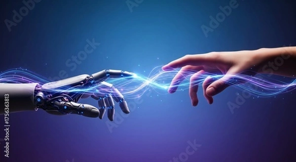 Fototapeta Human and robot hands touching, symbolizing connection, artificial intelligence, and futuristic technology against a blue gradient background.