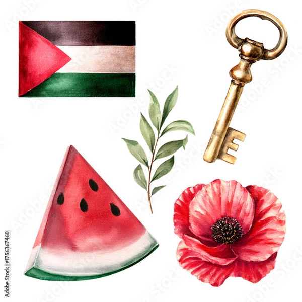 Fototapeta Watercolor illustration of an antique key, a Palestinian flag, an olive branch, poppies, and a watermelon painted on a white background. Ideal for cultural events about Palestine.
