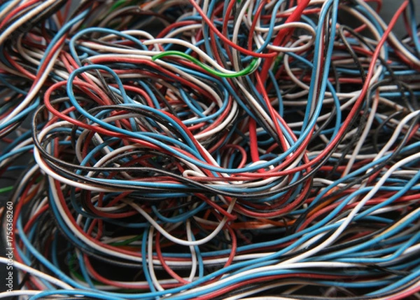 Fototapeta Chaotic cables on a black background. Colorful abstract thin wires texture. 
