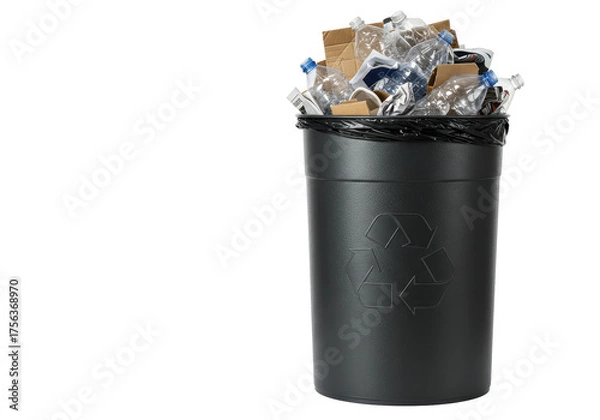 Fototapeta Isolated recycling bin overflowing with plastics and cardboard for eco-friendly concept