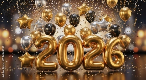 Obraz Festive 2026 new year celebration with golden balloons and confetti