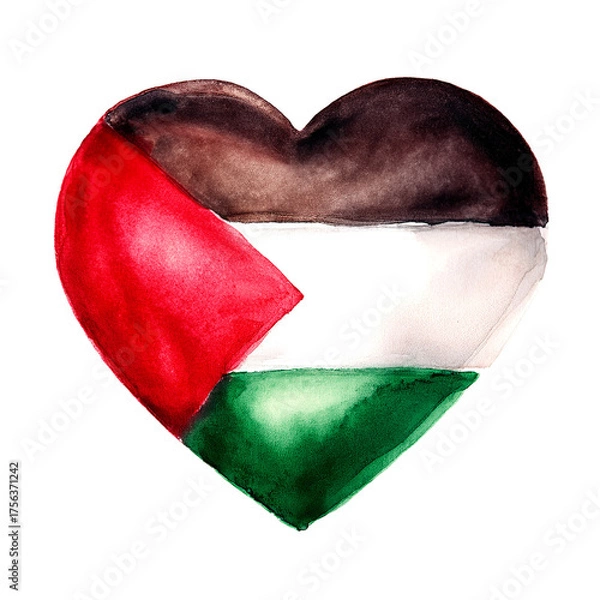 Fototapeta Heart-shaped Palestinian flag painted in watercolor with soft brushstrokes. Watercolor painting of palestine flag with red triangle black stripe white stripe and green stripe created.