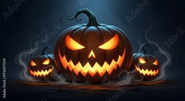 Obraz Three glowing jack o lanterns with carved faces surrounded by smoke on a dark background scene