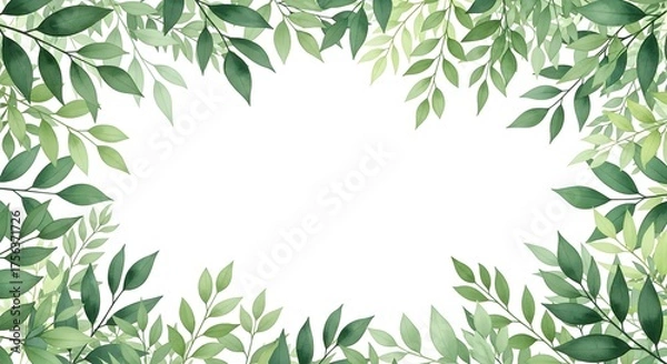 Obraz A watercolor style frame with green leaves arranged around a central white space for text or images