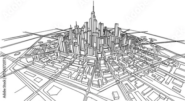 Fototapeta A black and white architectural drawing of a city skyline with buildings and streets in perspective