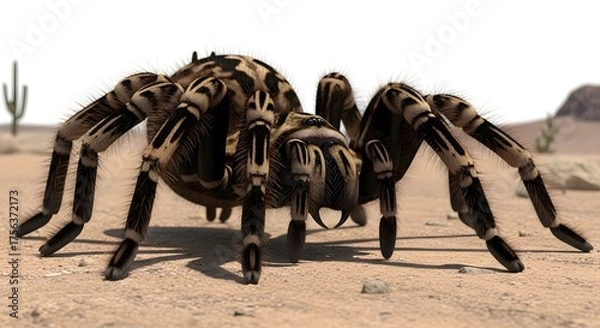 Fototapeta Close up of a tarantula in the desert with its legs spread wide and its fangs visible in the sunlight