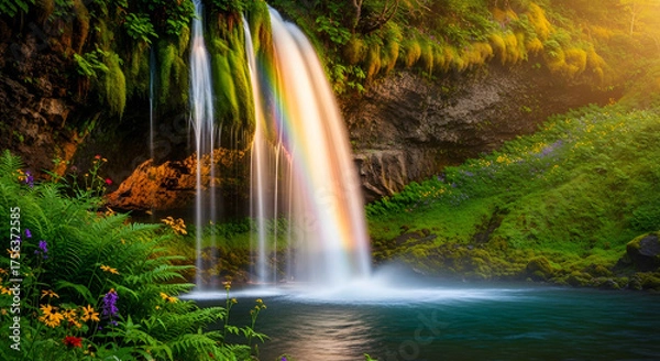 Obraz A waterfall cascading into a pool with a rainbow and lush greenery surrounding the scene silhouette