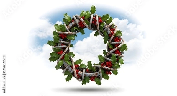 Fototapeta A christmas wreath made of twigs holly leaves and red berries against a cloudy sky background silhouette