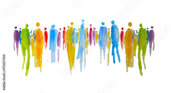 Fototapeta Sylwetka wielu barwnych ludzi w grupie, grupie ludzi, wspólnocie i wspólnocie, solidarność, wspólne pokazywanie siły