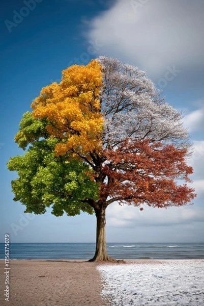 Fototapeta Colorful tree showing four seasons at the beach with contrasting foliage and snow on the ground