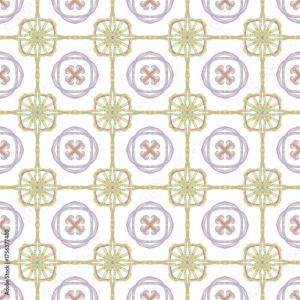 Fototapeta Colorful Geometric Seamless Pattern with Abstract Floral Motifs, Pastel Tile Design 